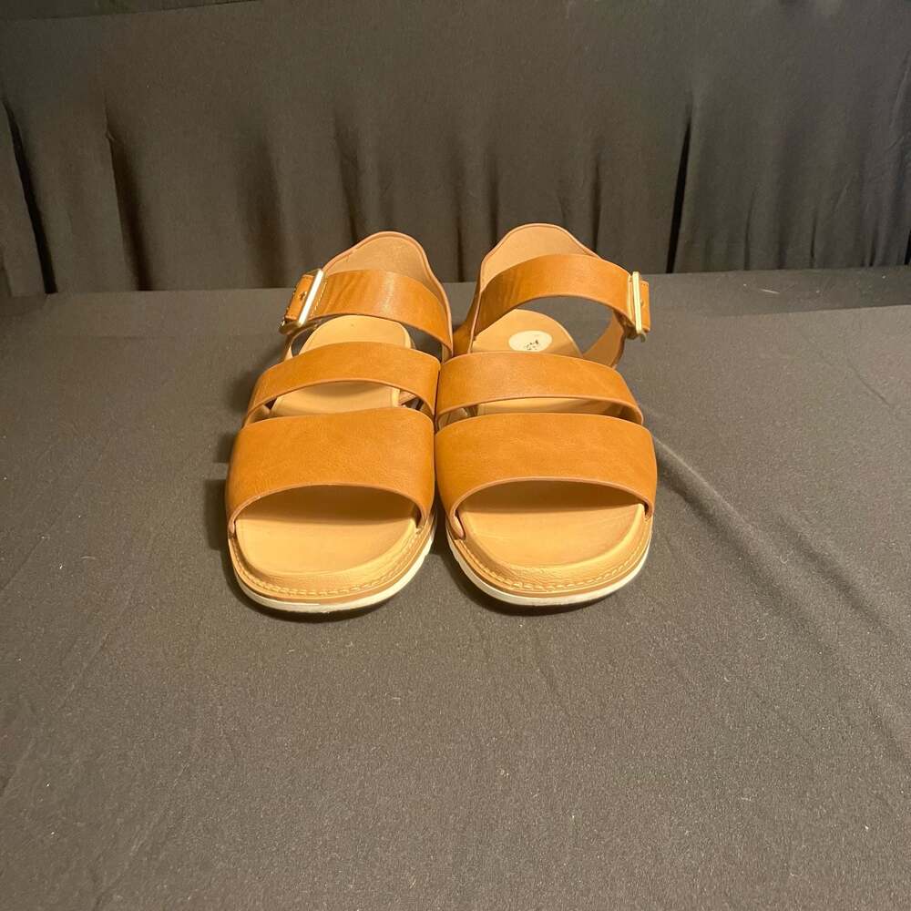 Brown Leather Triple Strap Platform Sandals with Buckle